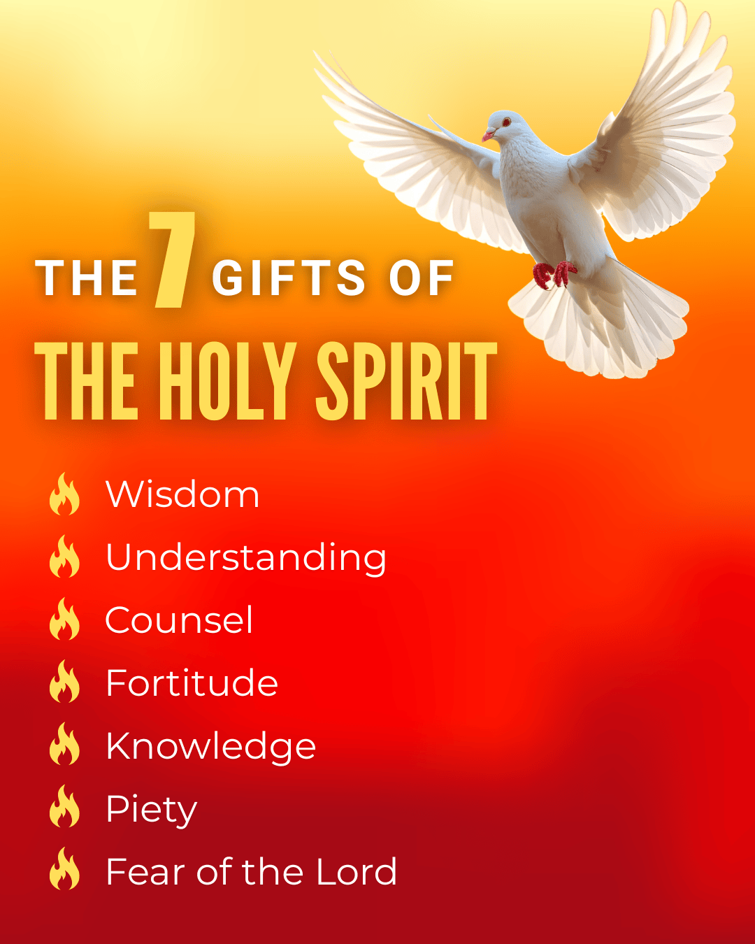 Catholic illustration of the Holy Spirit with the seven gifts: wisdom, understanding, counsel, fortitude, knowledge, piety, and fear of the Lord