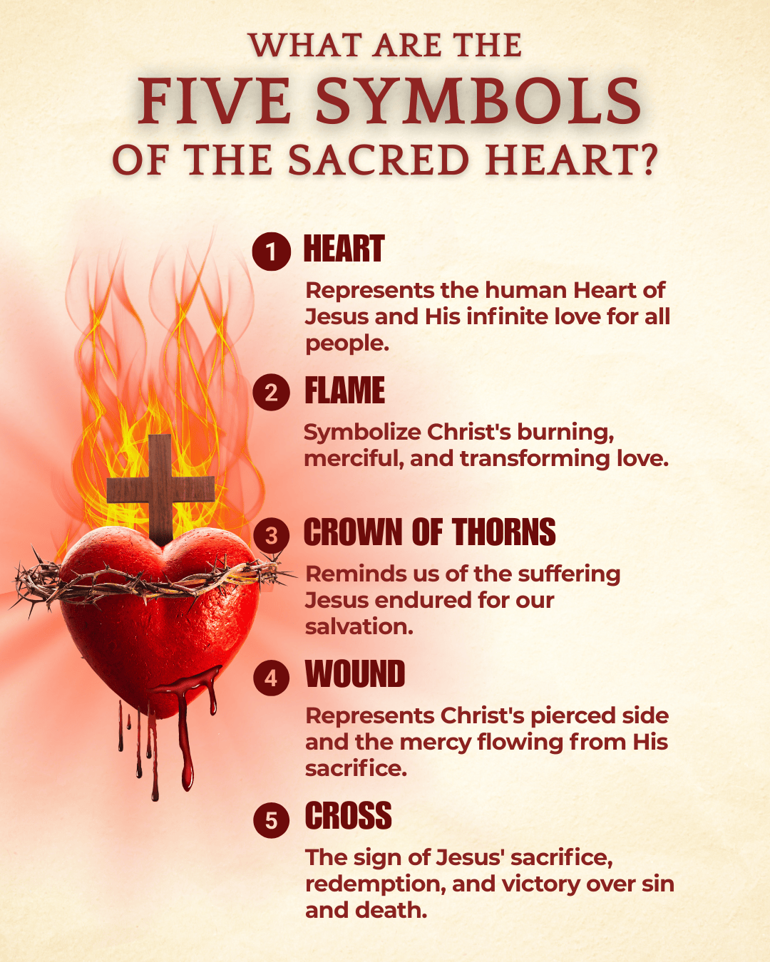 Catholic guide image explaining the five symbols of the Sacred Heart of Jesus